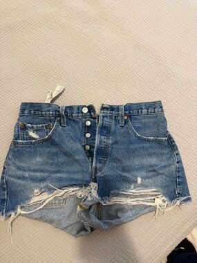 High-Rise Distressed Denim Shorts - Blue